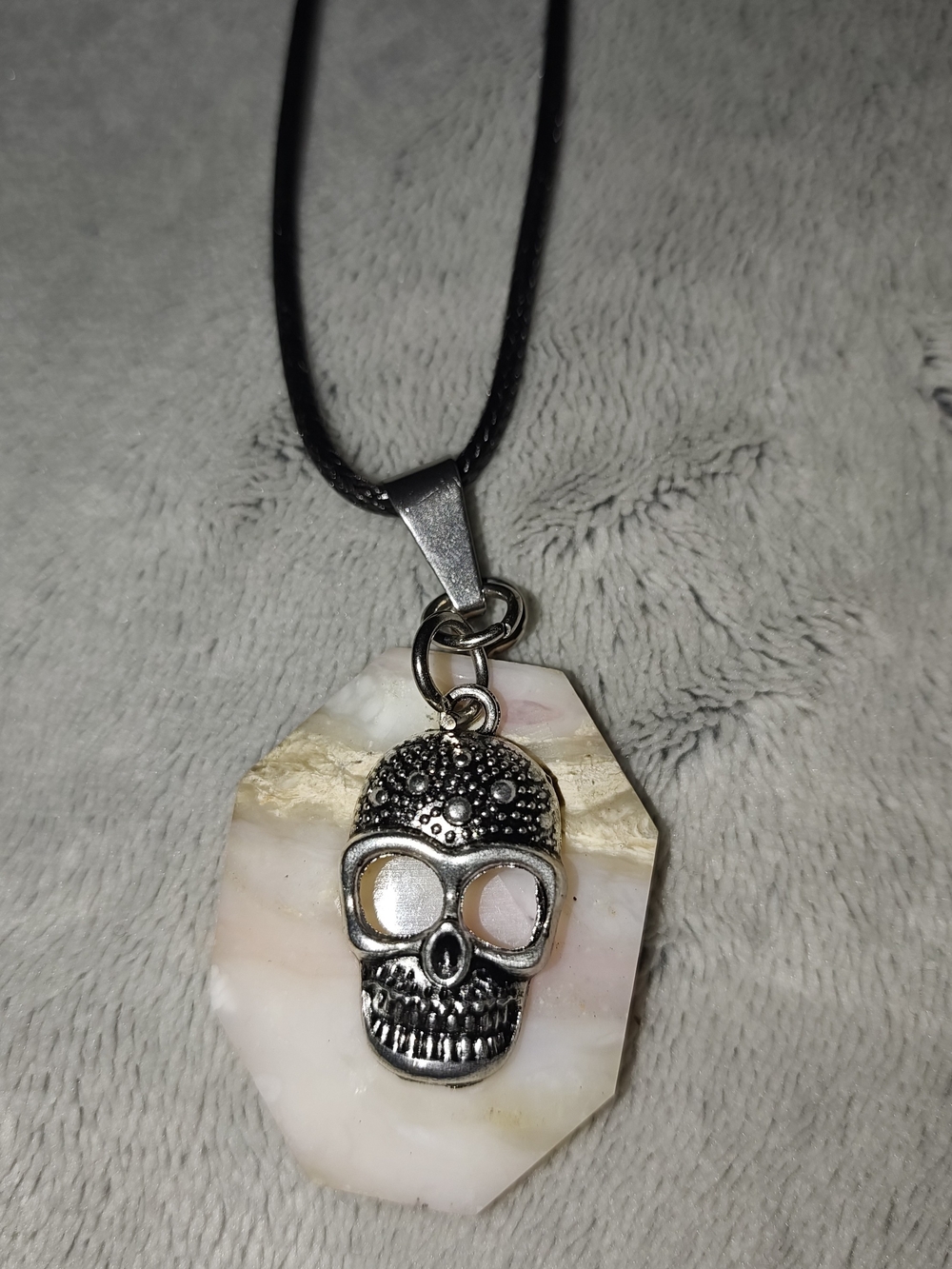 Silver Skull Pendant on Pink-White Stone Necklace - Handmade Jewelry